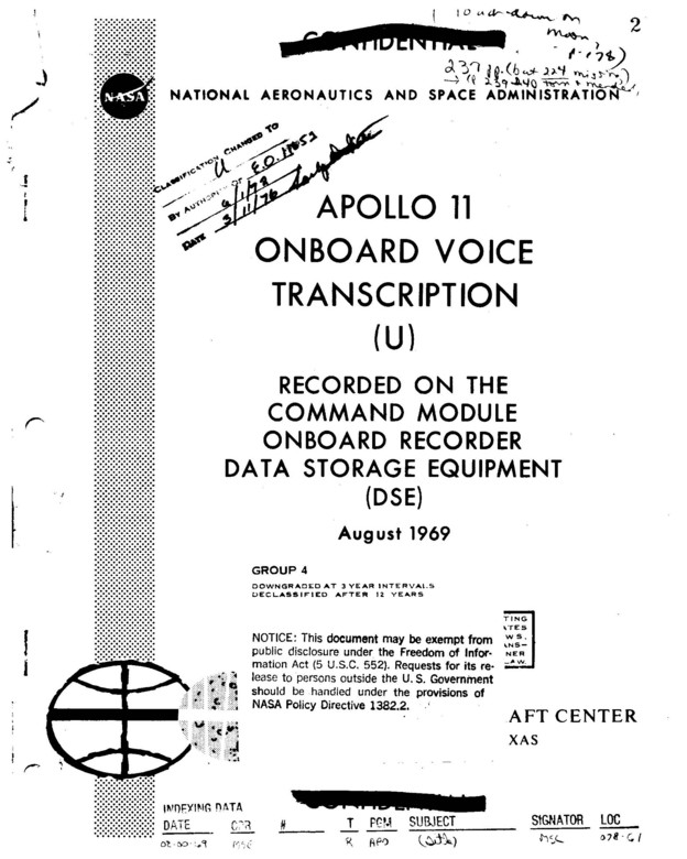 First page of the Apollo 11 onboard voice transcript, courtesy of NASA.